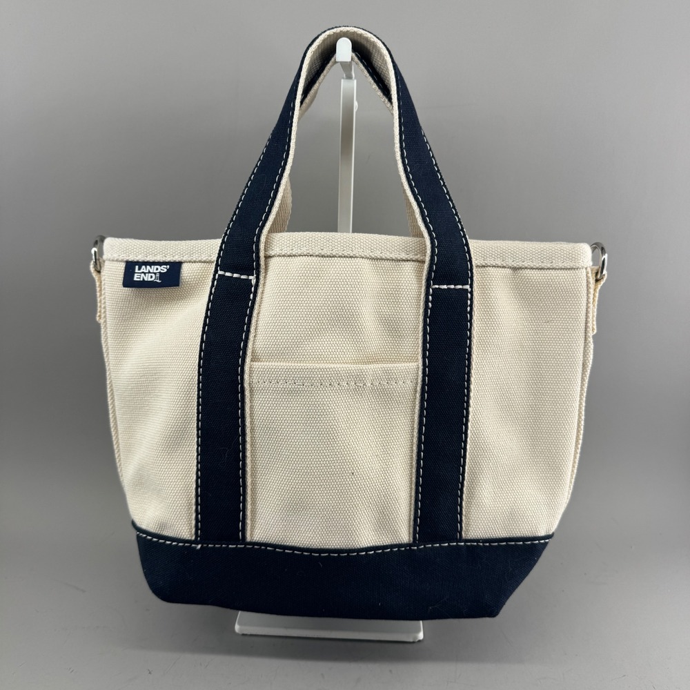Lands' End Women Canvas Tote Bag Navy Blue Small Open Top Cotton Boat Bag